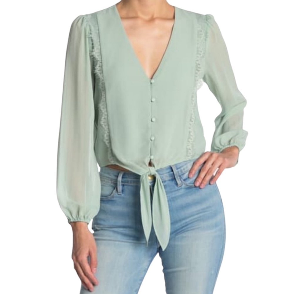WAYF Lace trim Knotted Sheer Top, L